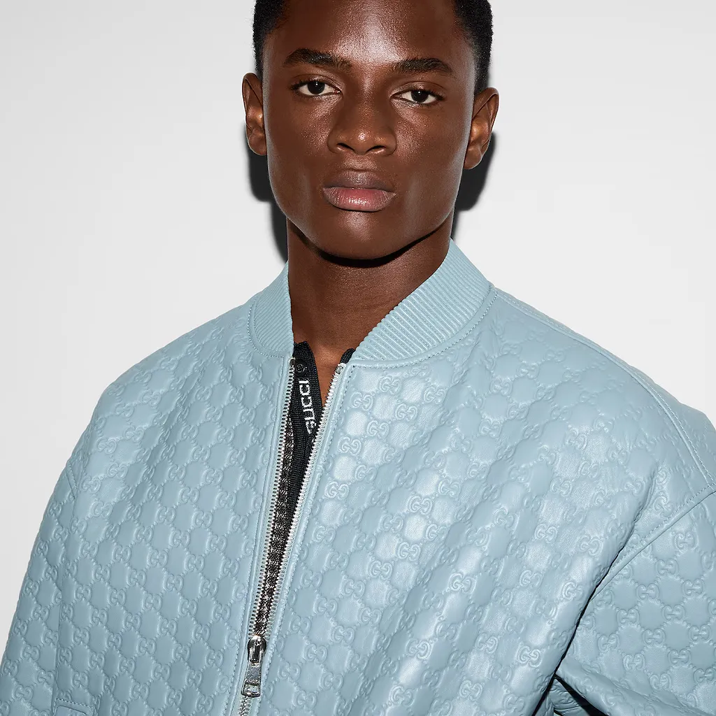 Embossed Gg Leather Bomber Jacket