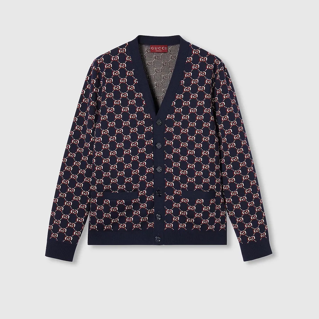 Wool Jacquard Cardigan With Gg Shadow