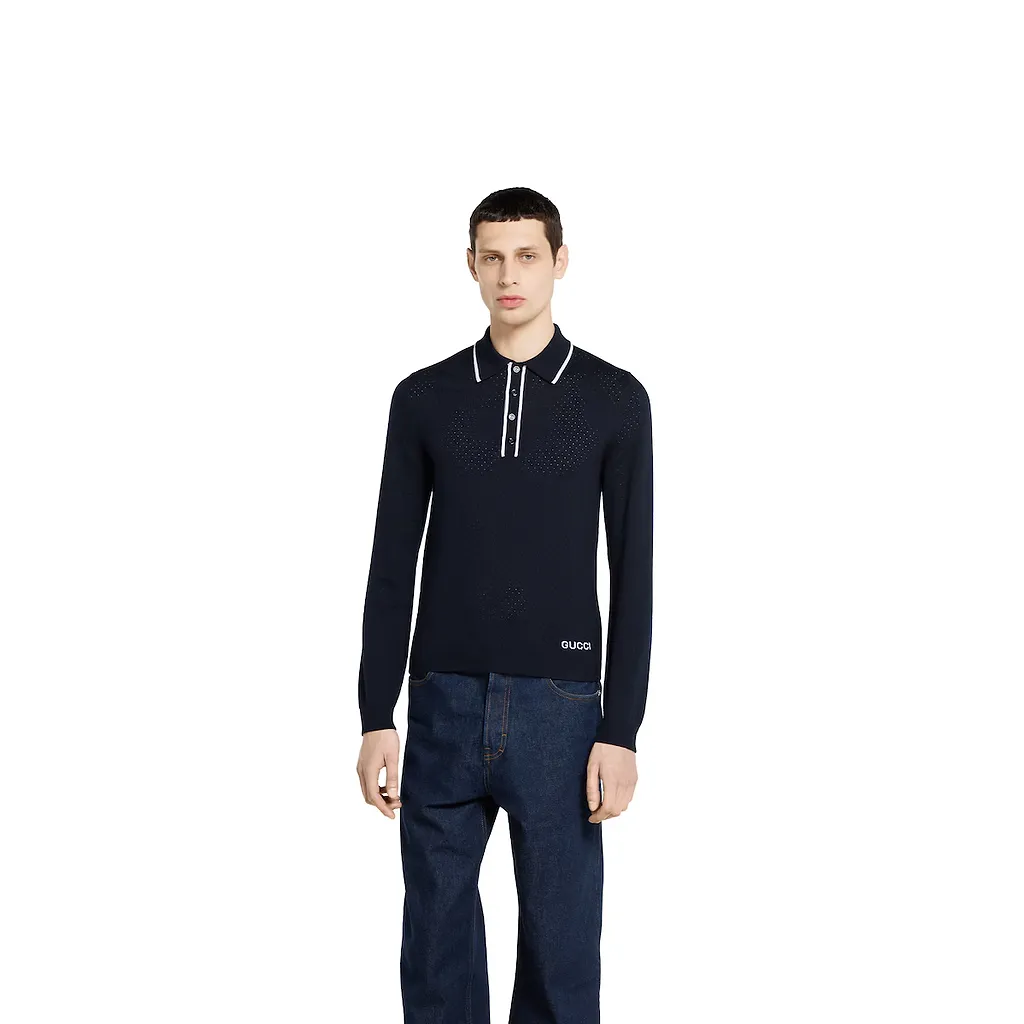 Fine Wool Knit Polo Shirt With Intarsia