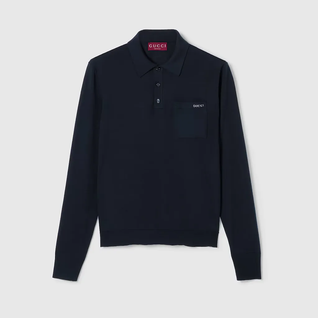 Fine Wool Knit Polo Top With Intarsia