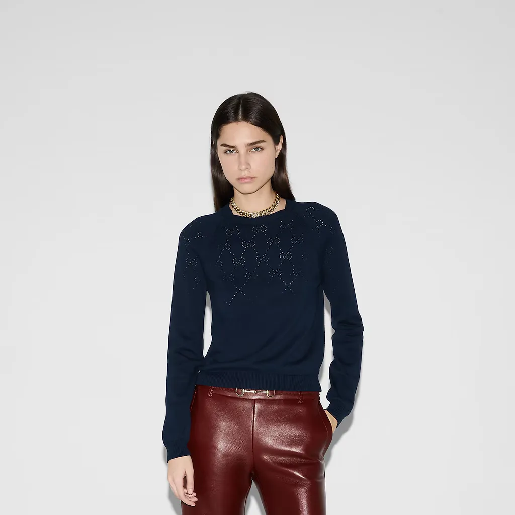 Cotton Crewneck Top With Gg Argyle