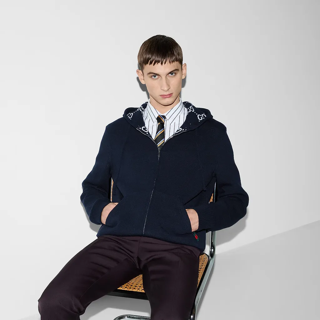 Reversible Gg Wool Hooded Zip Jacket