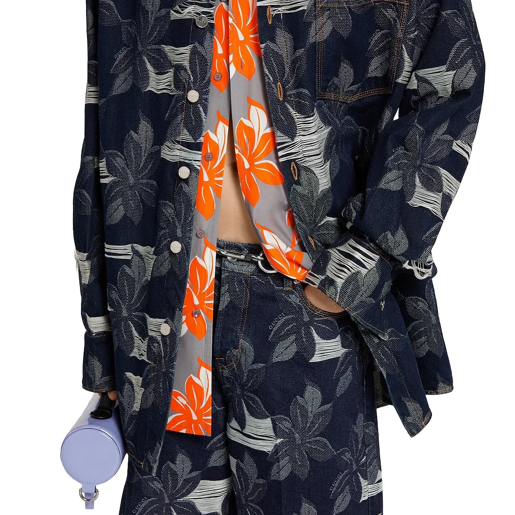 Cotton Denim Floral Jacquard Shirt