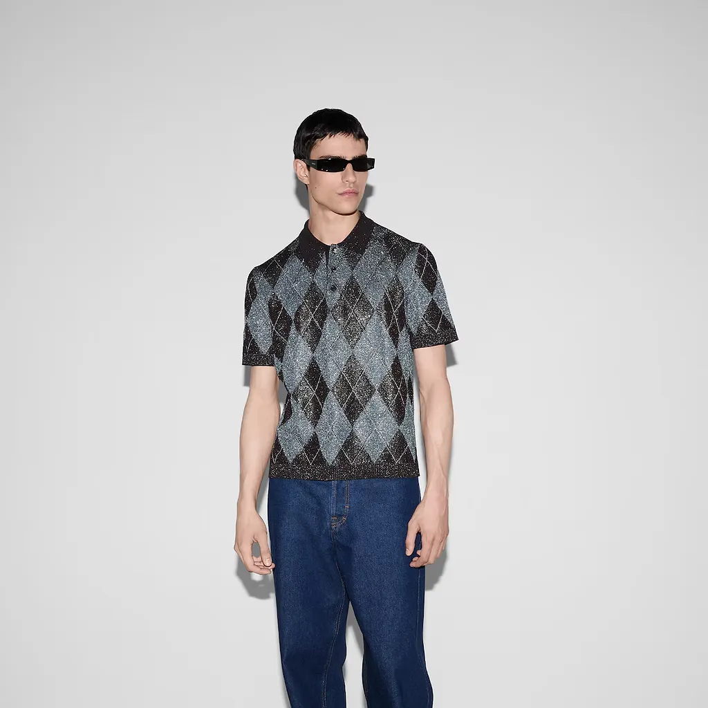 Viscose Lamé Argyle Knit Polo Shirt