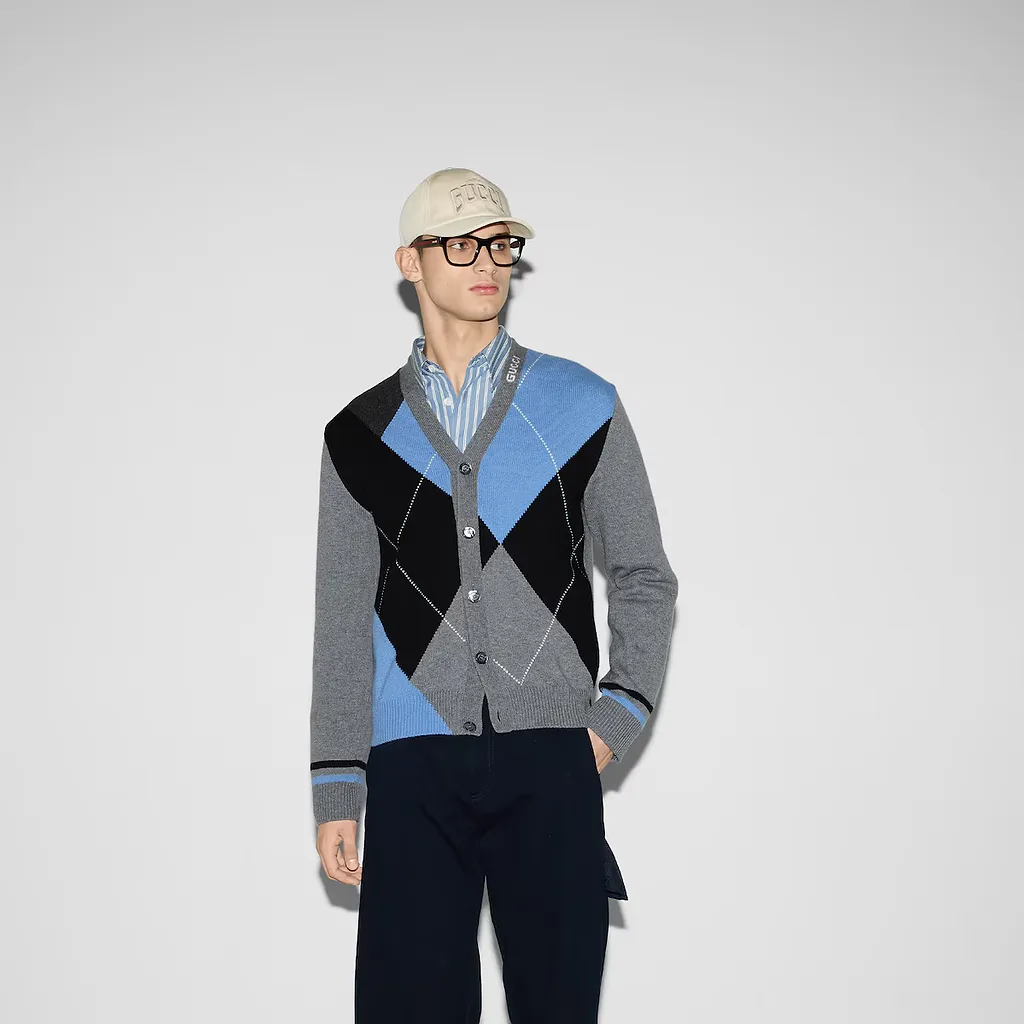 Wool Cashmere Argyle Knit Cardigan