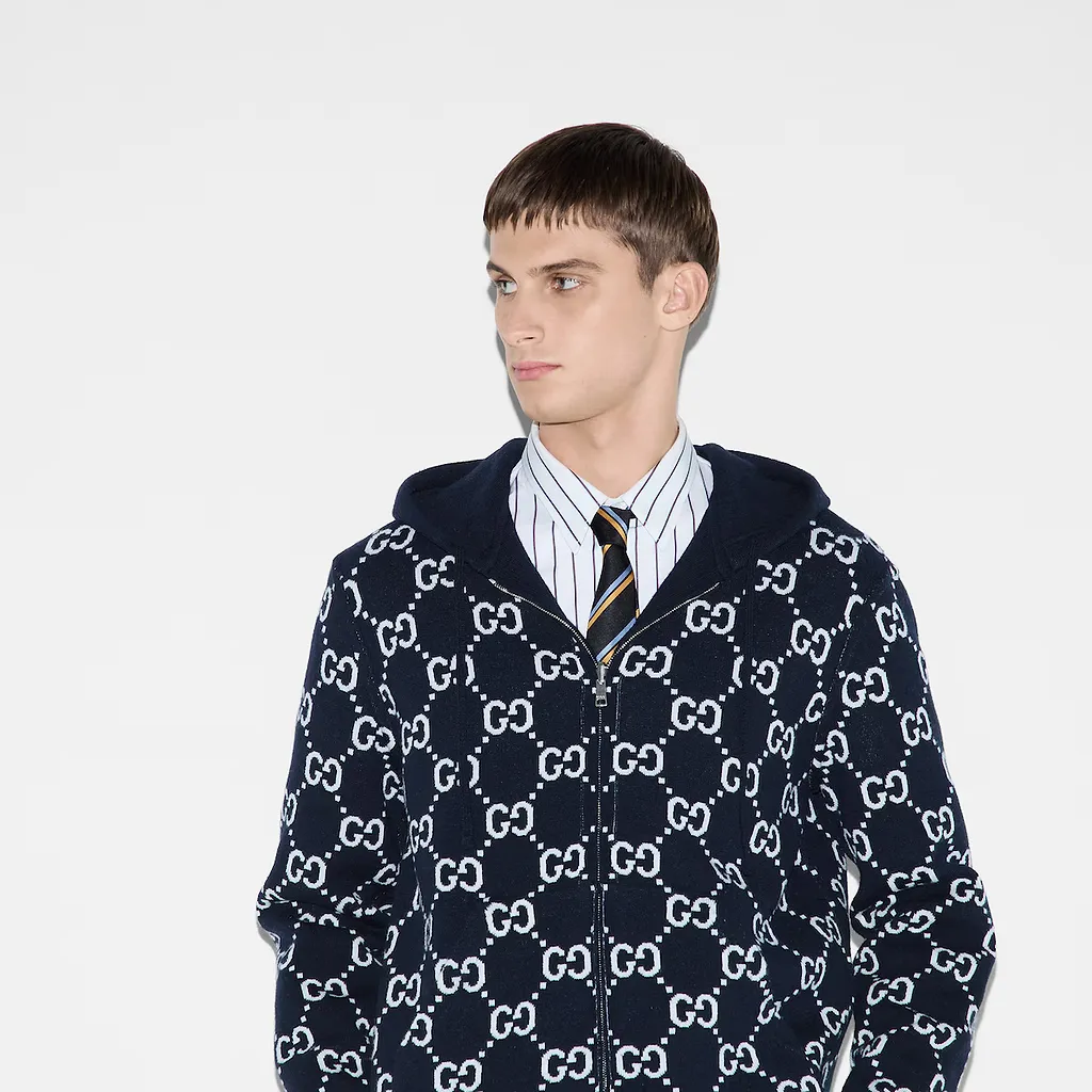 Reversible Gg Wool Hooded Zip Jacket