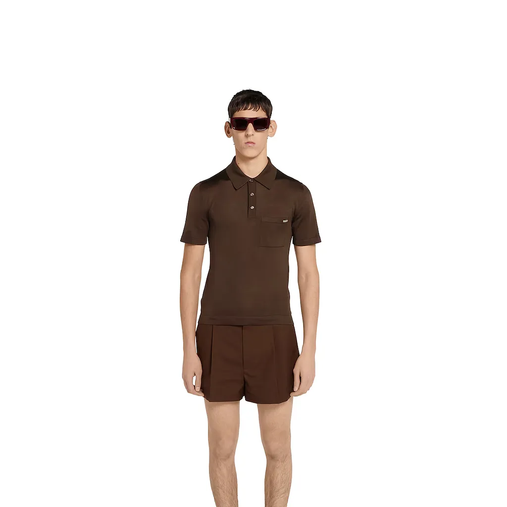 Fine Silk Knit Polo Top With Intarsia