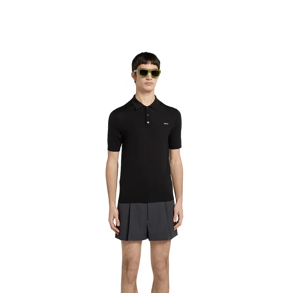 Fine Wool Knit Polo Top With Intarsia