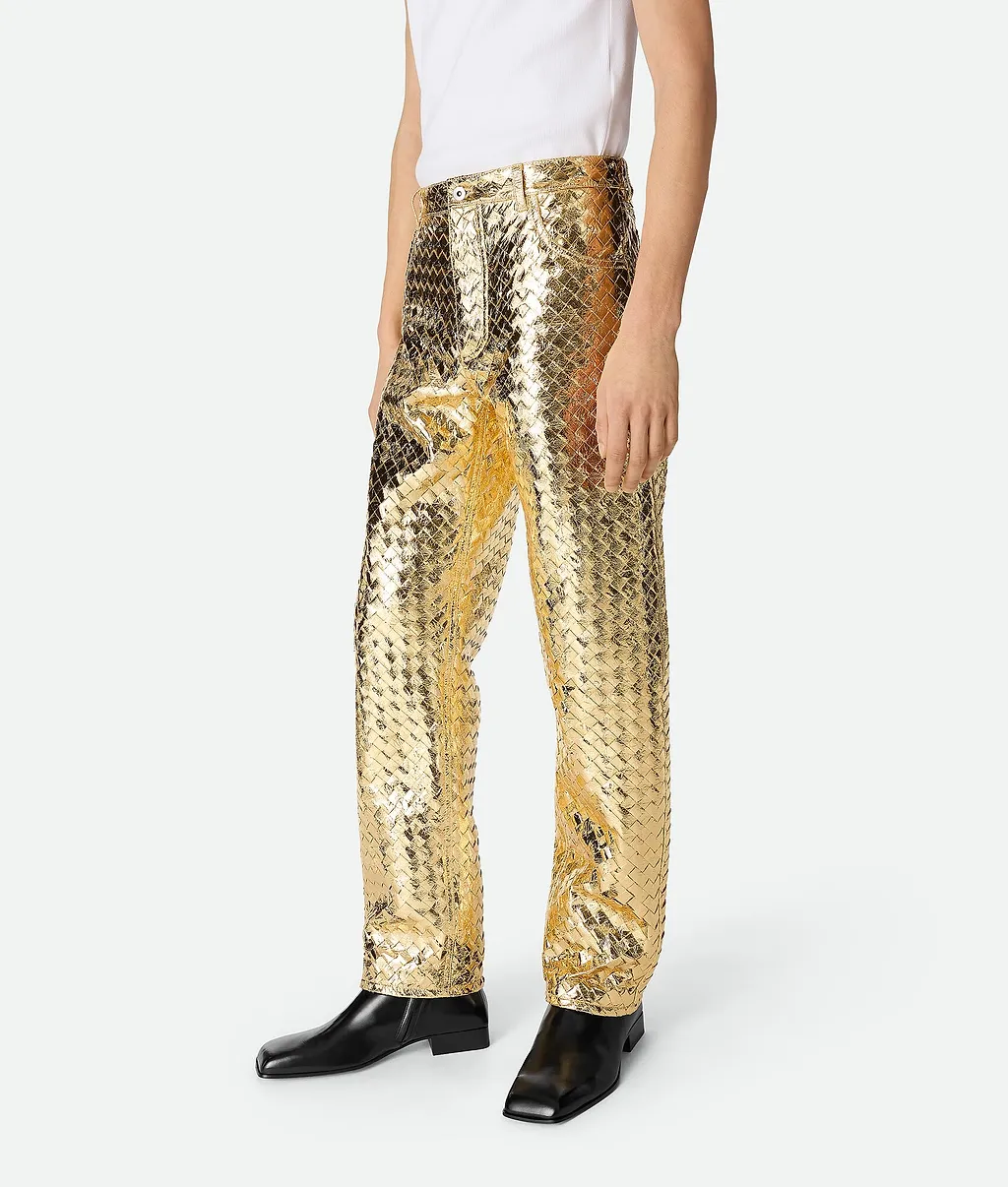Laminated Intrecciato Leather Straight Pants