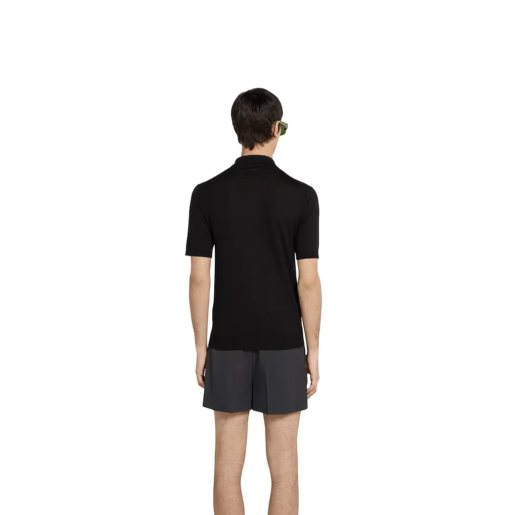 Fine Wool Knit Polo Top With Intarsia