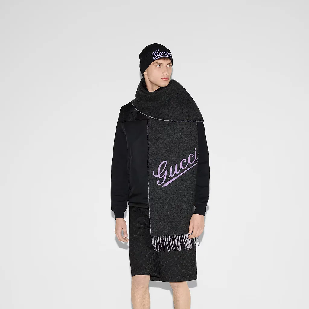 Wool Cashmere Scarf With Gucci Script