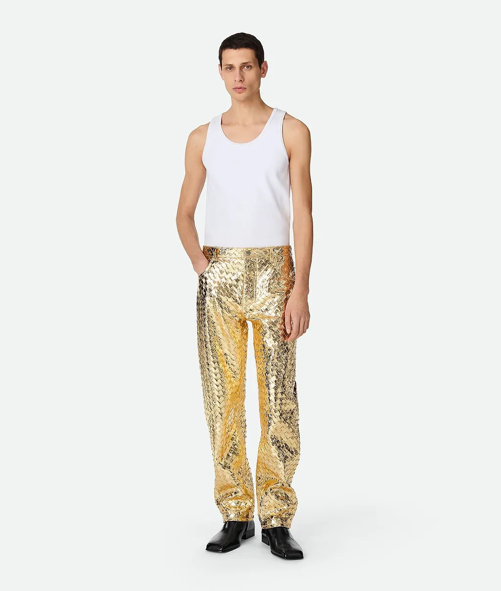 Laminated Intrecciato Leather Straight Pants