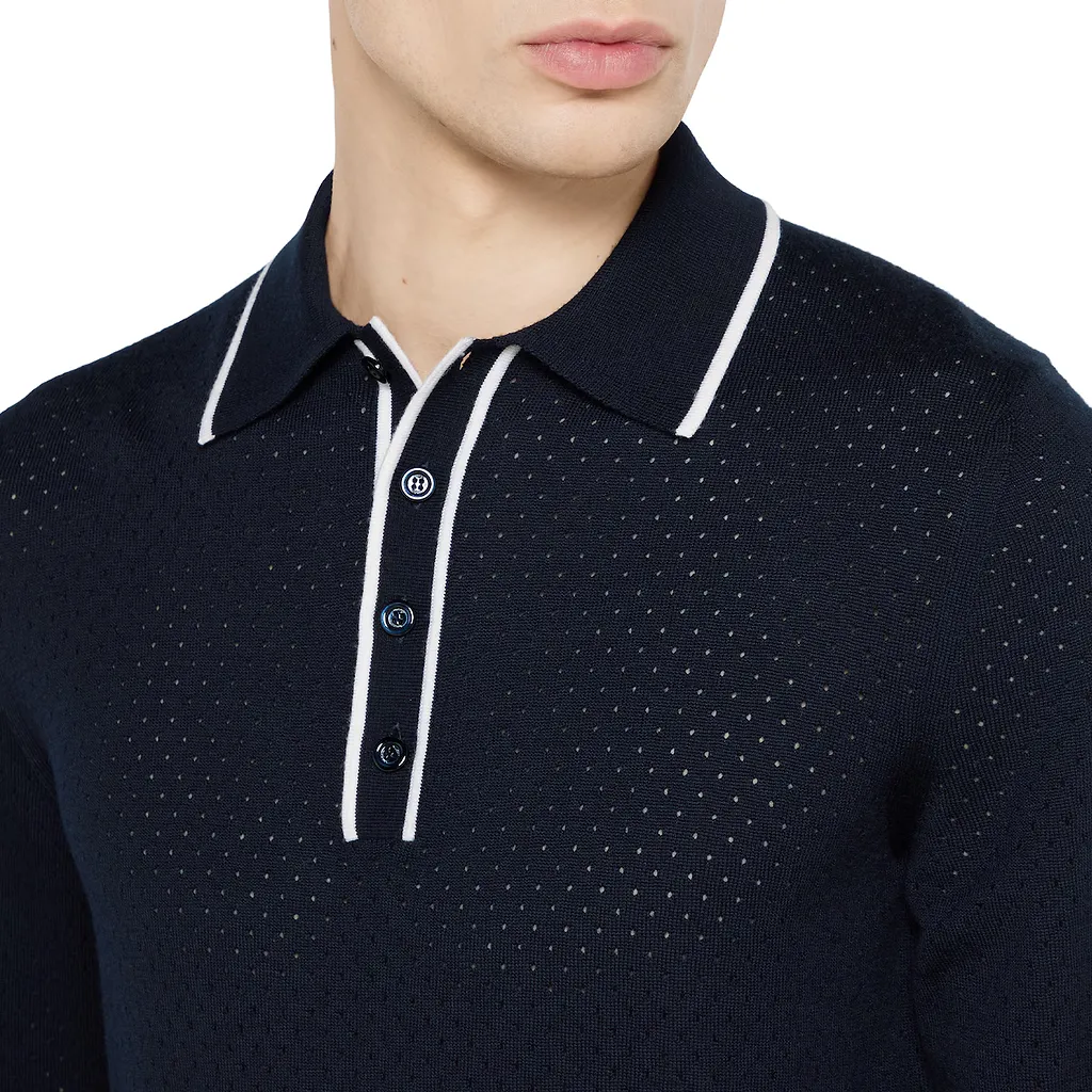 Fine Wool Knit Polo Shirt With Intarsia