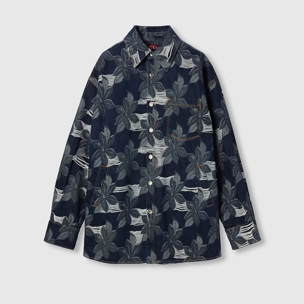 Cotton Denim Floral Jacquard Shirt