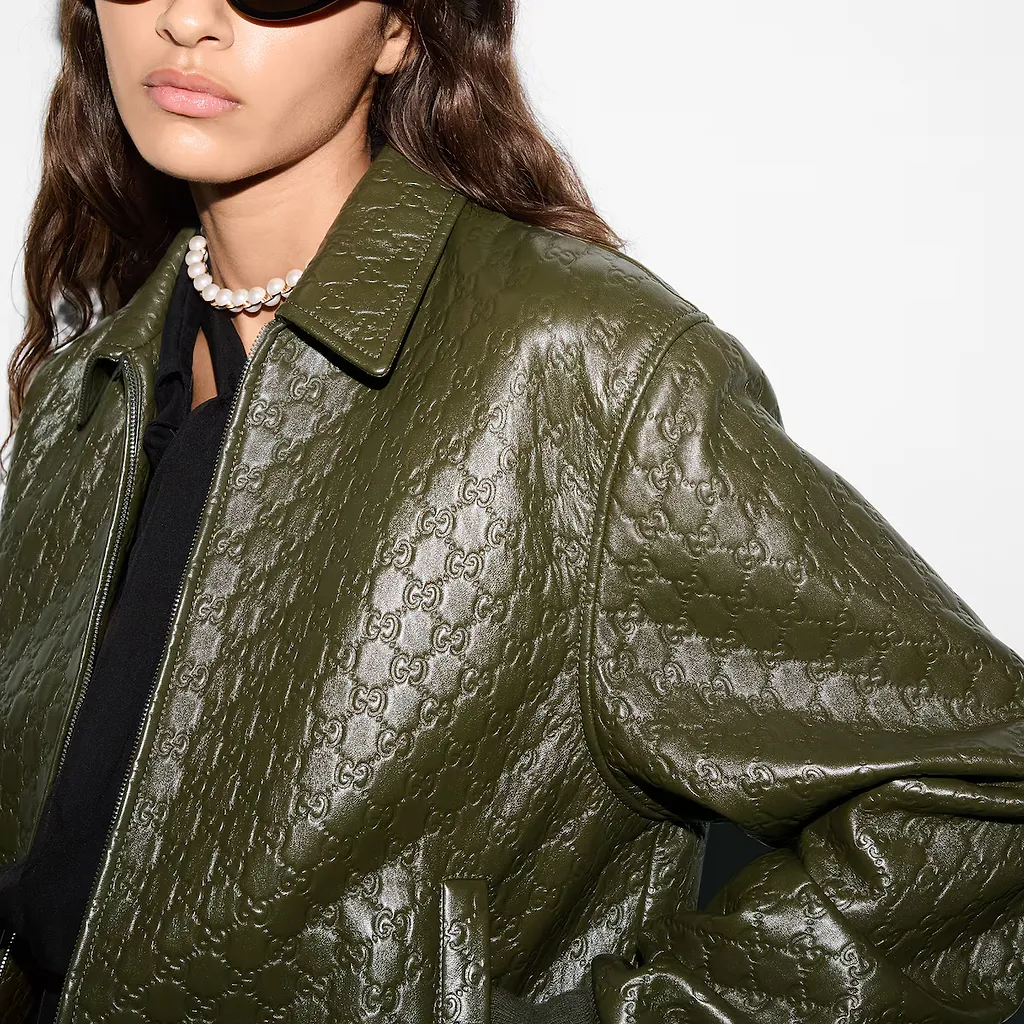 Gg Embossed Leather Bomber Jacket
