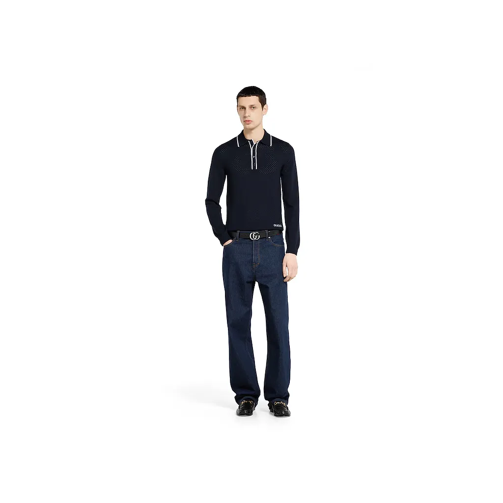 Fine Wool Knit Polo Shirt With Intarsia