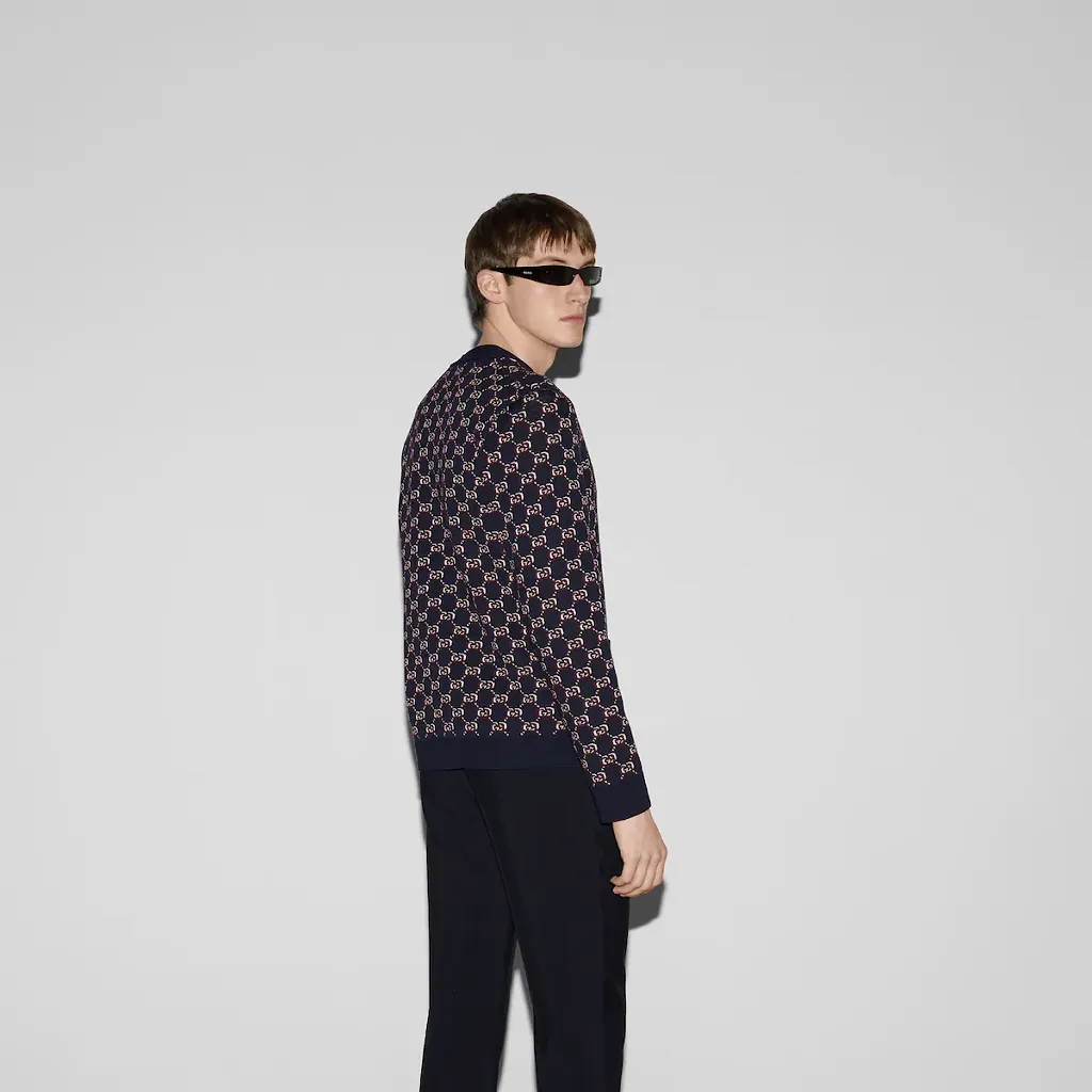 Wool Jacquard Cardigan With Gg Shadow