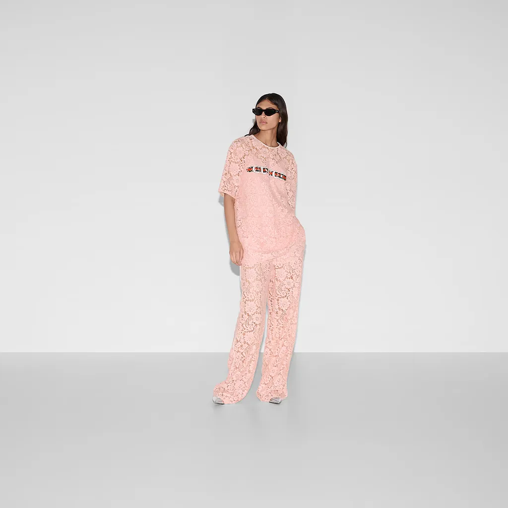 Floral Lace Trousers With Gucci Script