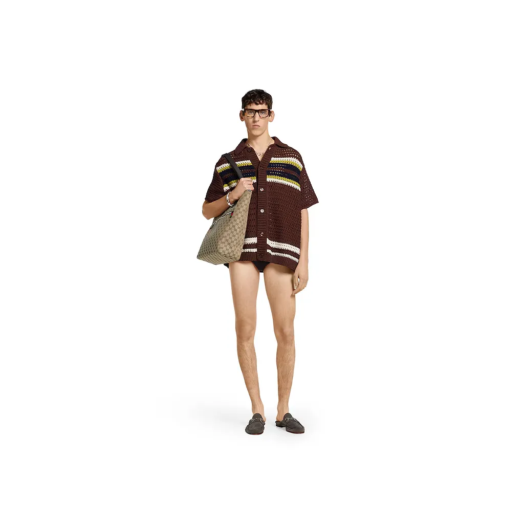 Crochet Cotton Knit Polo Shirt With Stripes