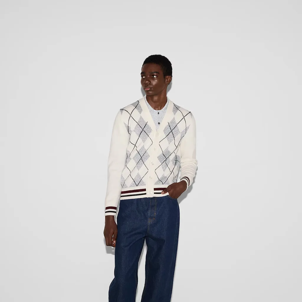 Wool Argyle Intarsia Knit Cardigan