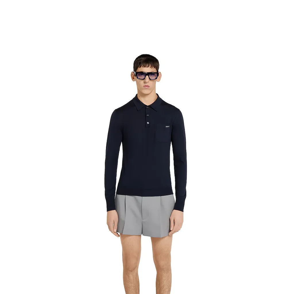 Fine Wool Knit Polo Top With Intarsia