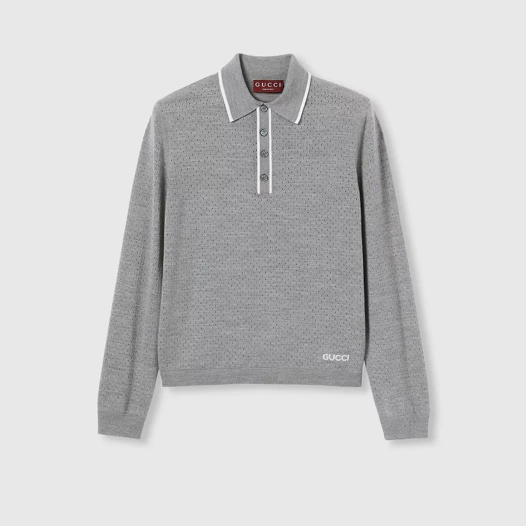 Fine Wool Knit Polo Shirt With Intarsia