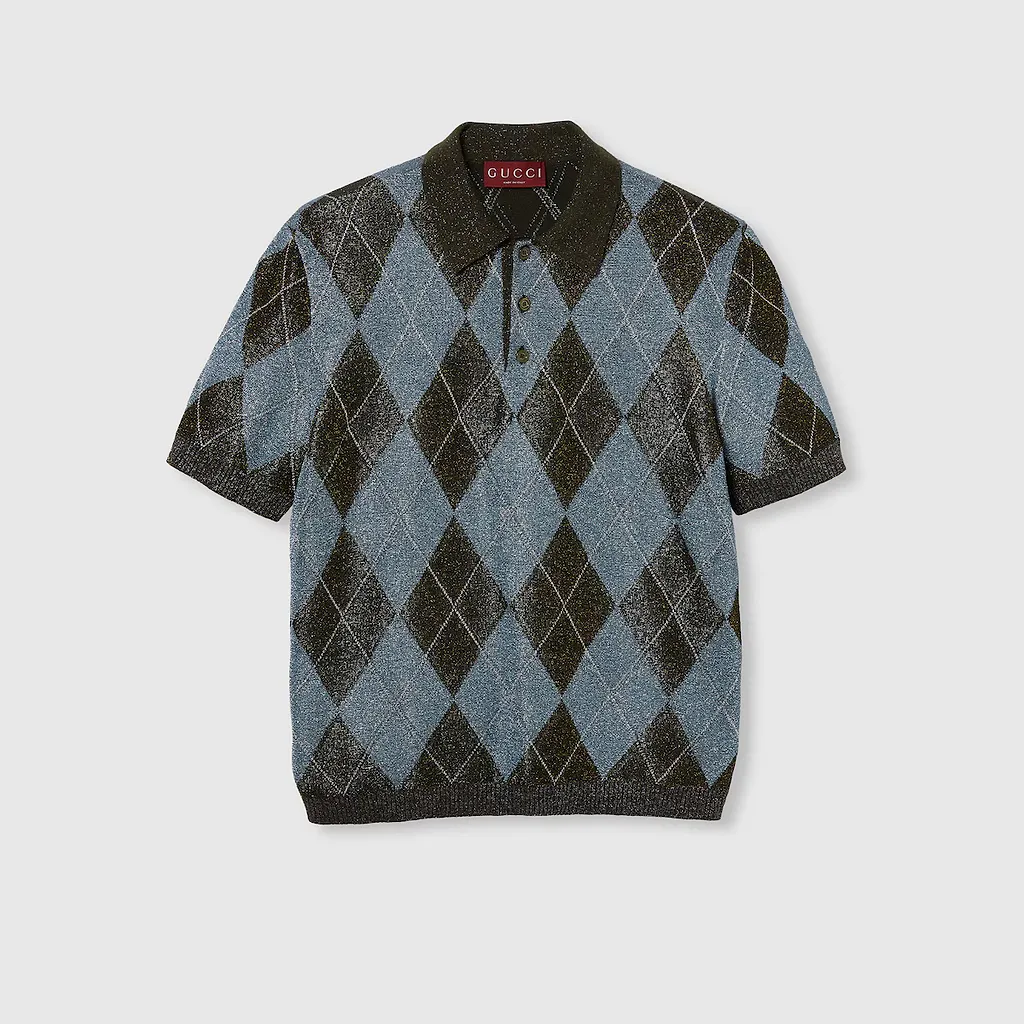 Viscose Lamé Argyle Knit Polo Shirt