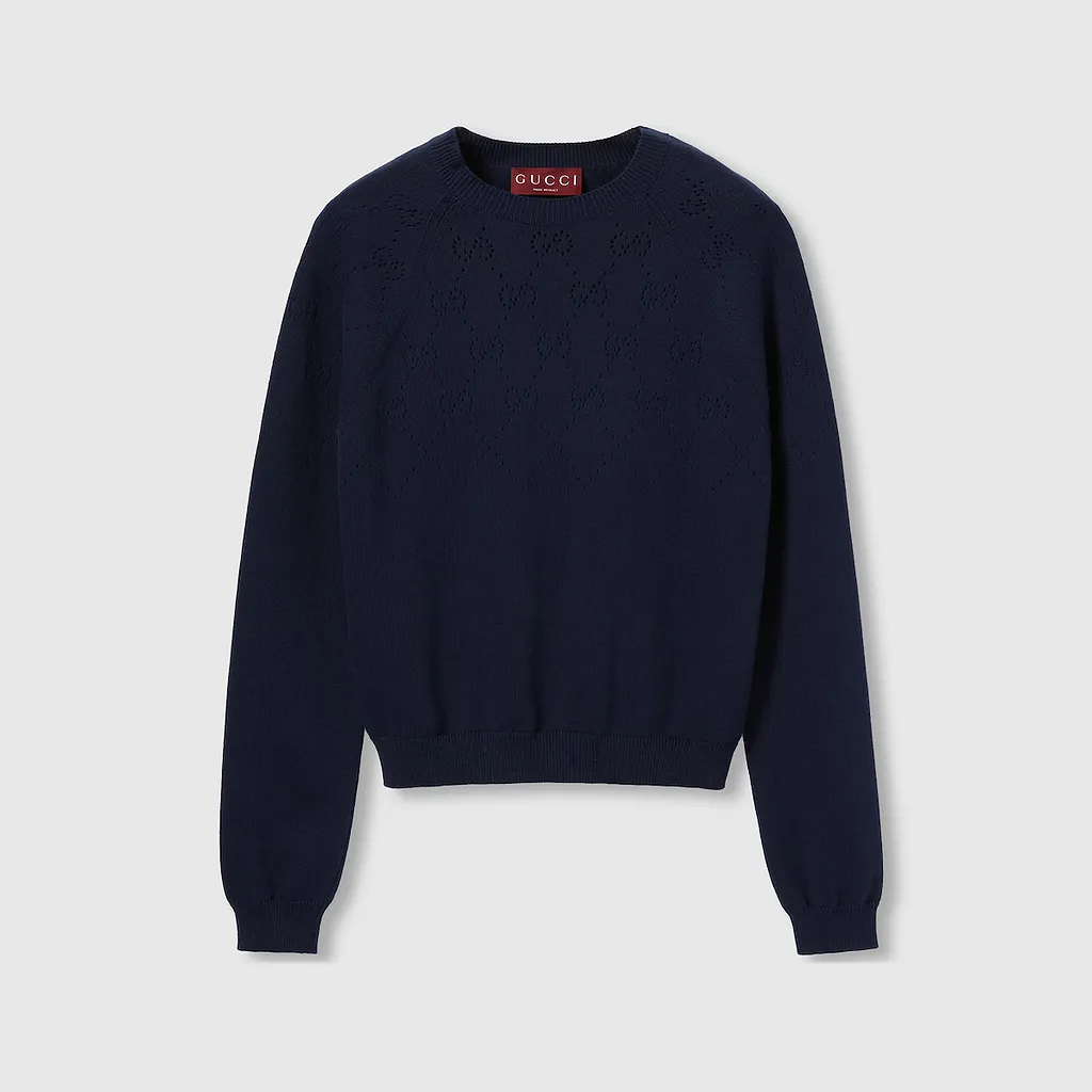 Cotton Crewneck Top With Gg Argyle