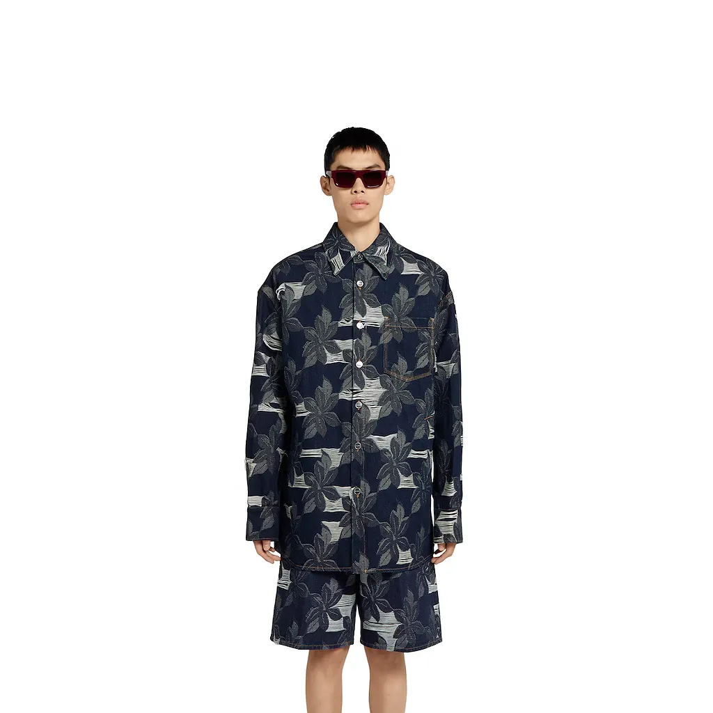 Cotton Denim Floral Jacquard Shirt