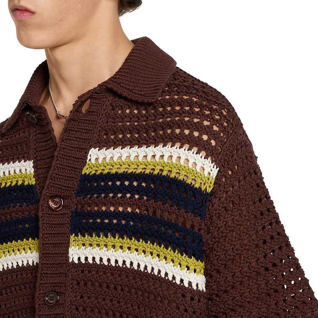 Crochet Cotton Knit Polo Shirt With Stripes