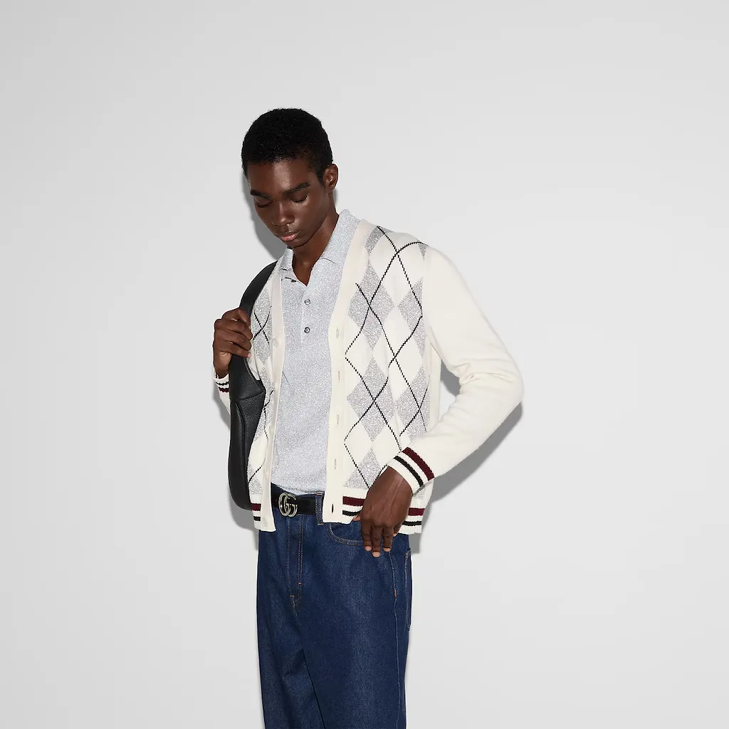 Wool Argyle Intarsia Knit Cardigan
