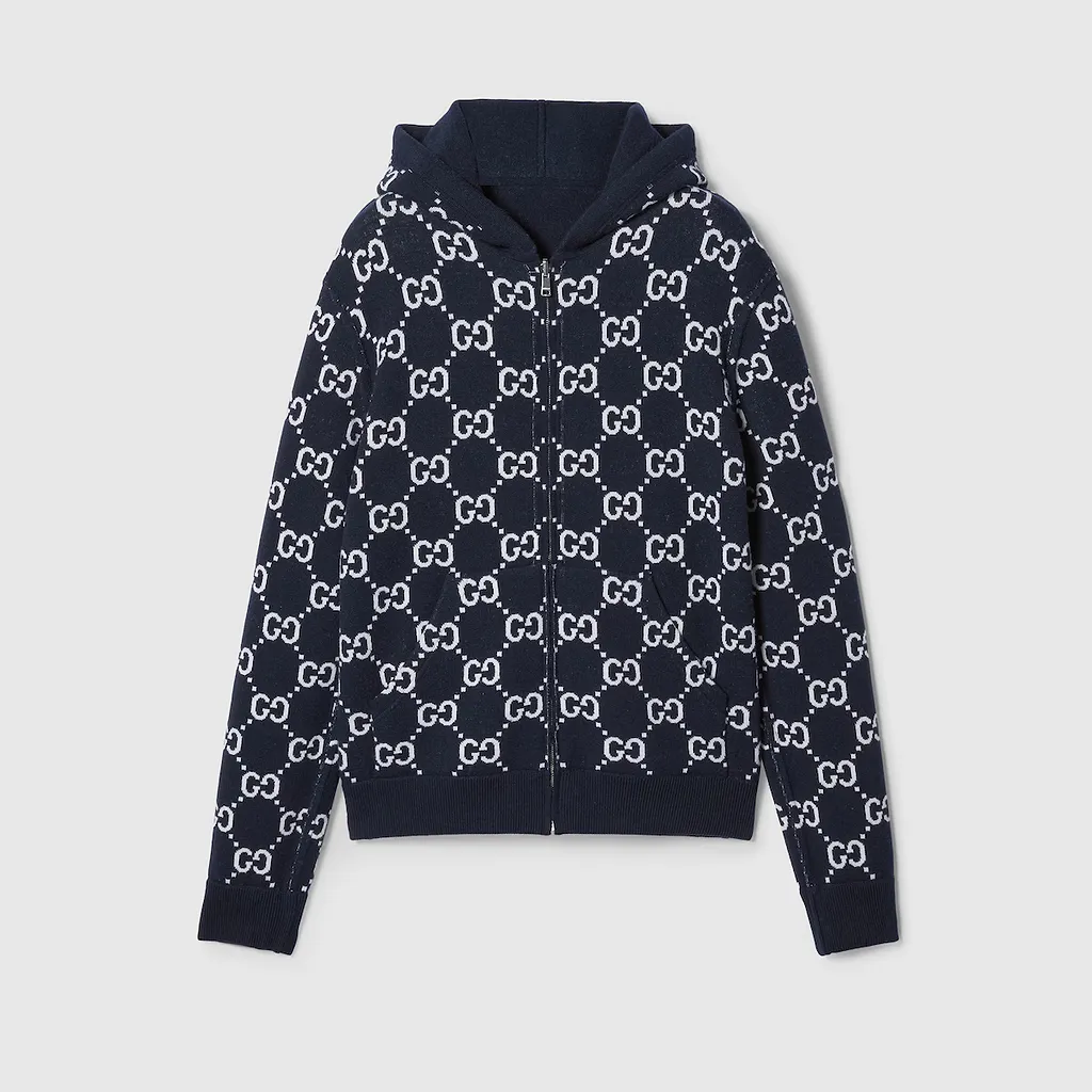 Reversible Gg Wool Hooded Zip Jacket