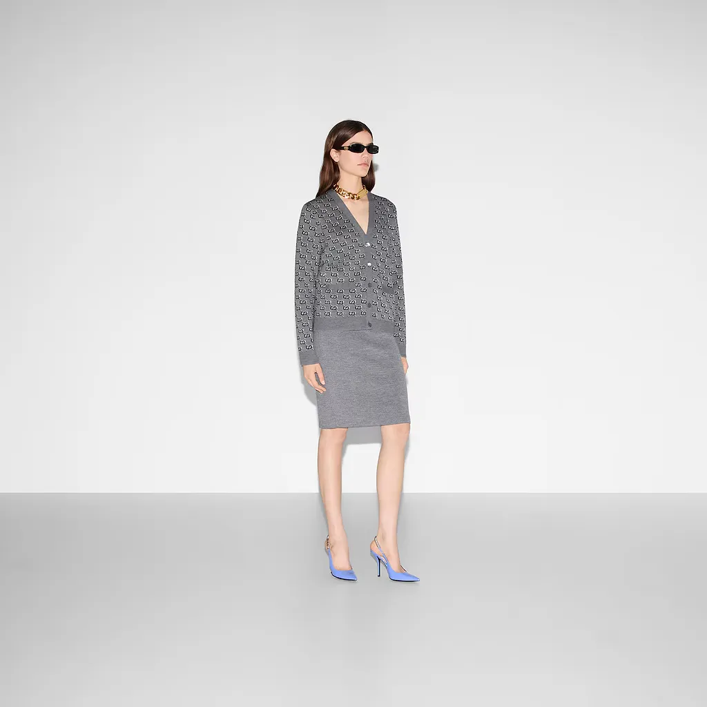 Wool Jacquard Cardigan With Gg Shadow