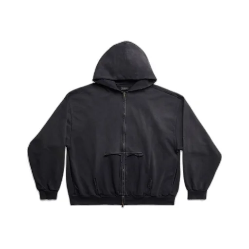 Tape Type Ripped Pocket Zip-Up Hoodie Large Fit