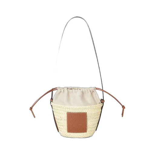 Drawstring bucket bag in palm leaf and calfskin