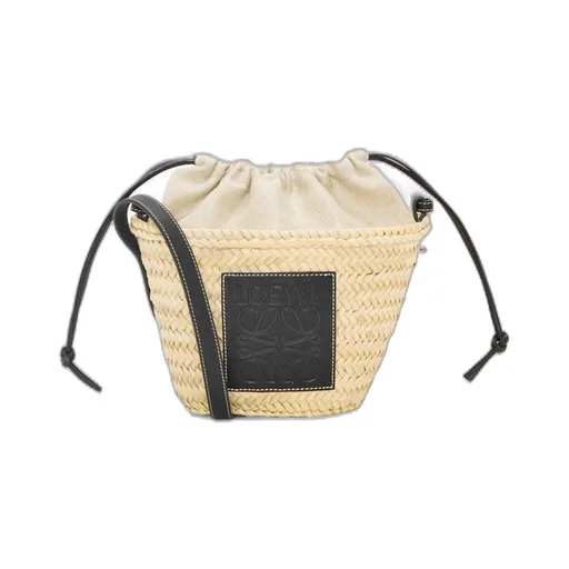 Drawstring bucket bag in palm leaf and calfskin