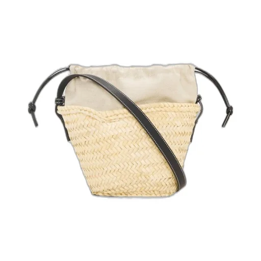 Drawstring bucket bag in palm leaf and calfskin