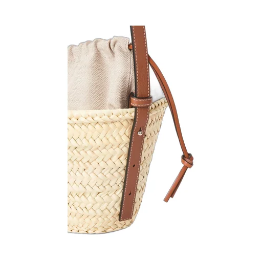 Drawstring bucket bag in palm leaf and calfskin