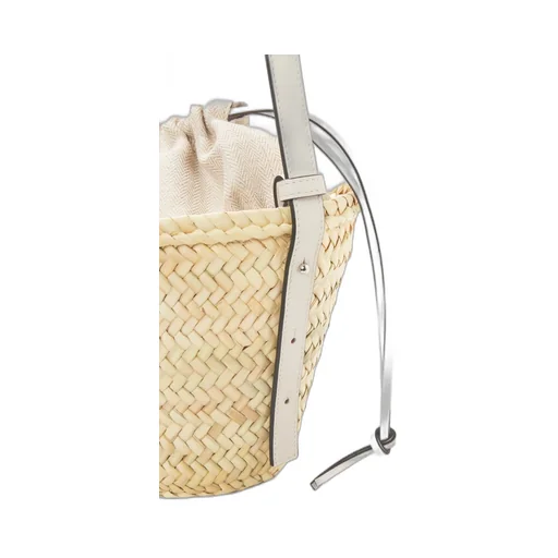 Drawstring bucket bag in palm leaf and calfskin