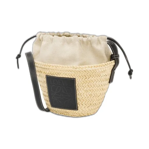 Drawstring bucket bag in palm leaf and calfskin