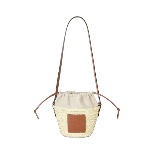 Drawstring bucket bag in palm leaf and calfskin
