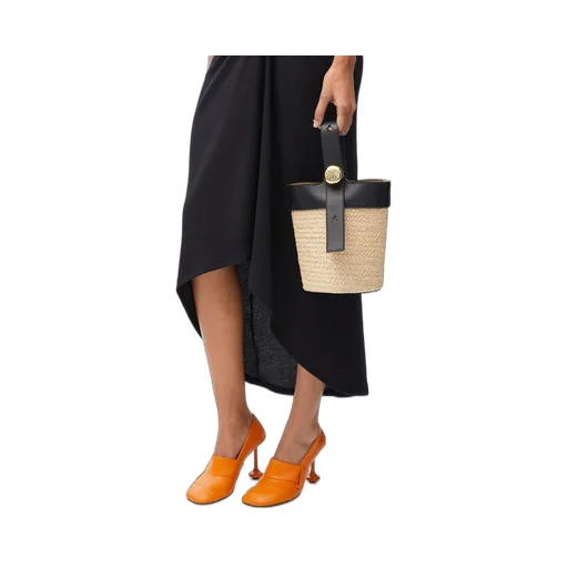 Mini Pebble Bucket bag in raffia and calfskin