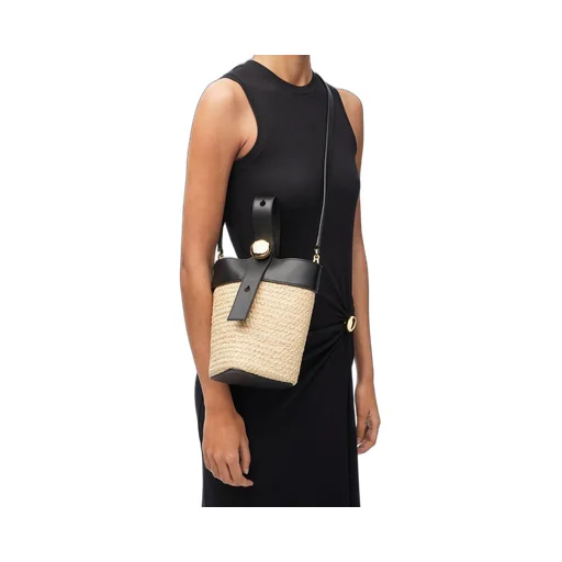 Mini Pebble Bucket bag in raffia and calfskin