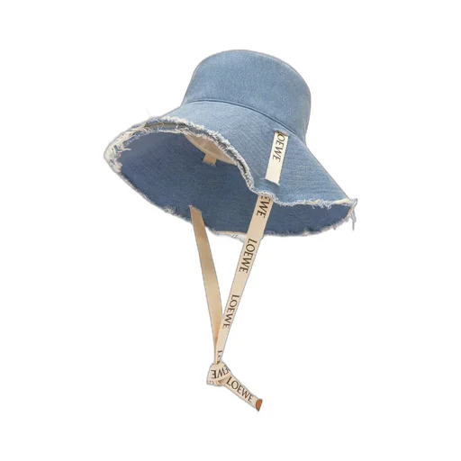 Frayed fisherman hat in denim and calfskin