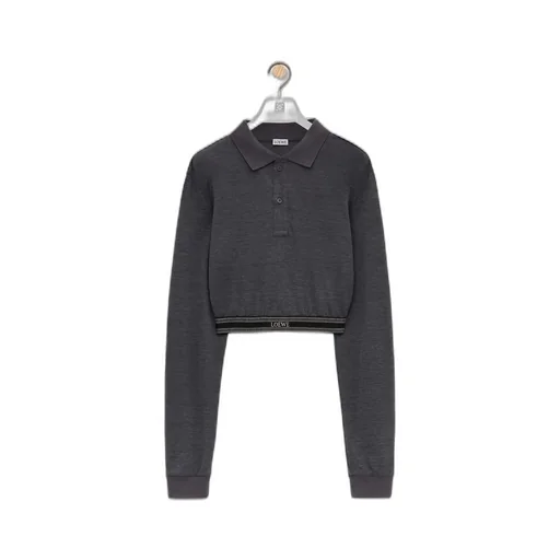 Long sleeve cropped polo in silk and cotton