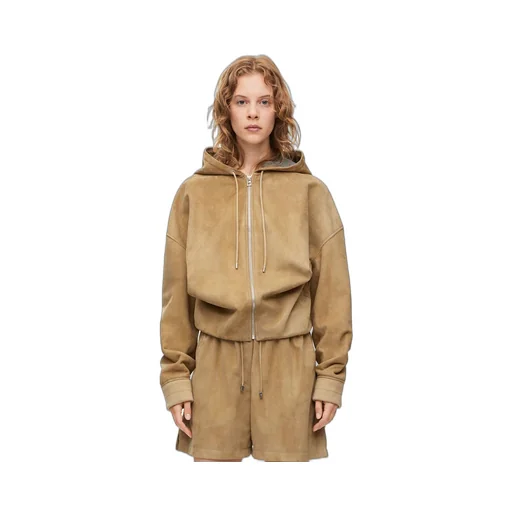 Draped hoodie in suede goatskin
