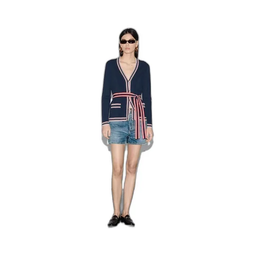 Self-tie cardigan with striped trim