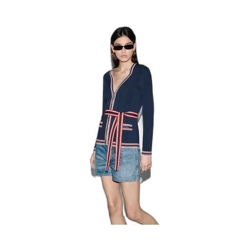 Self-tie cardigan with striped trim