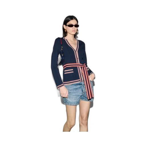 Self-tie cardigan with striped trim