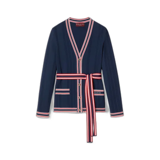 Self-tie cardigan with striped trim
